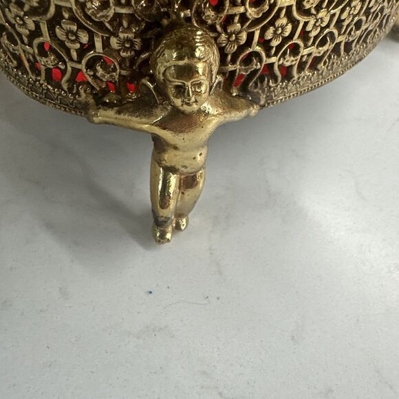 Vintage Ormulu Cherub Vanity Footed Jewelry Trinket Brass Box With Glass Top NIB - Picture 10 of 16
